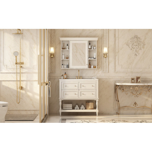 36'' Bathroom Vanity With Medicine Cabinet, Modern Mirror Cabinet With Adjustable Shelf, Bathroom Storage Cabinet With 4 Drawers, Solid Wood Frame Bathroom Storage Cabinet