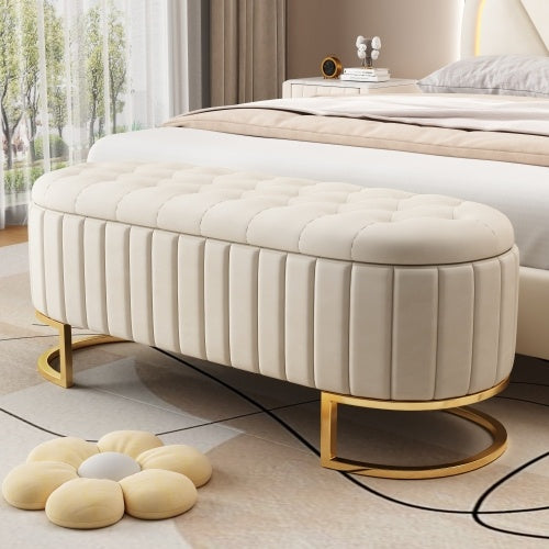 SOWO Luxe Storage Ottoman – Beige Velvet Button-Tufted Bench with Gold Metal Legs