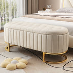 SOWO Luxe Storage Ottoman – Beige Velvet Button-Tufted Bench with Gold Metal Legs