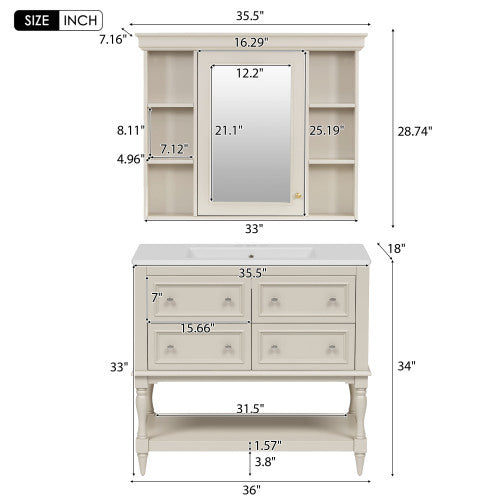 36'' Bathroom Vanity With Medicine Cabinet, Modern Mirror Cabinet With Adjustable Shelf, Bathroom Storage Cabinet With 4 Drawers, Solid Wood Frame Bathroom Storage Cabinet