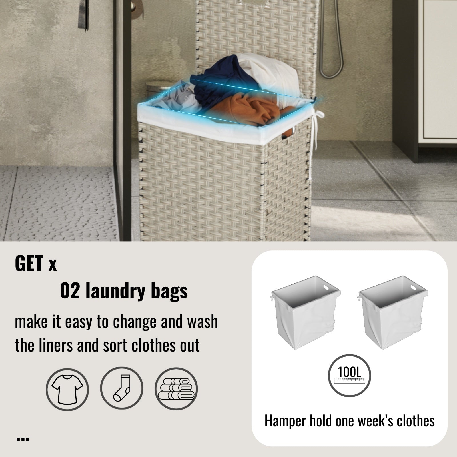 Laundry Hamper With Lid PE Rattan Powder Coating Frame Clothes Hampers With 02 Removable Bags,
