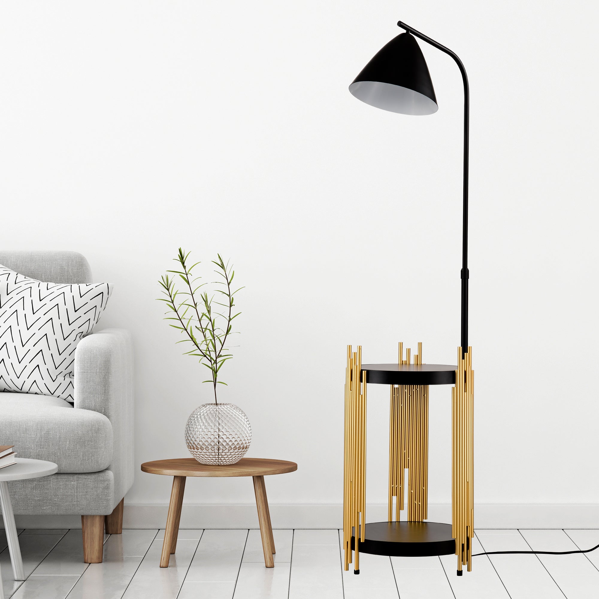 Luxury Shelves Floor Lamp For Living Room With Metal Lampshade, Standing Lamp Tall Industrial Floor Lamp Reading For Bedroom, Office E26 No Included Bulb -Matte Gold Matte Black