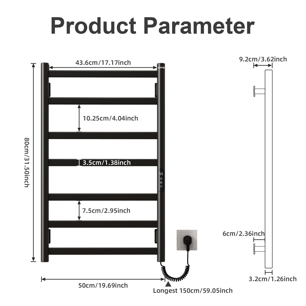 SIOYIE Towel Warmer Bathroom Wall Mounted 6 Bars Electric Towel Drying, 150 W 500 800 MM Heated Towel Rack With Intelligent Touch Screen Timer And Temperature Control Black Right