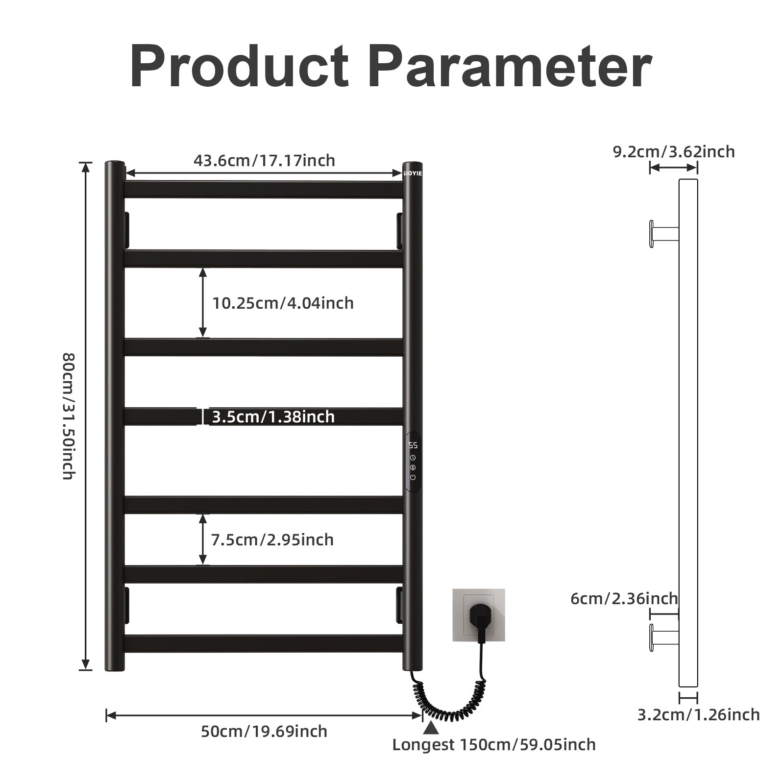 SIOYIE Towel Warmer Bathroom Wall Mounted 6 Bars Electric Towel Drying, 150 W 500 800 MM Heated Towel Rack With Intelligent Touch Screen Timer And Temperature Control Black Right