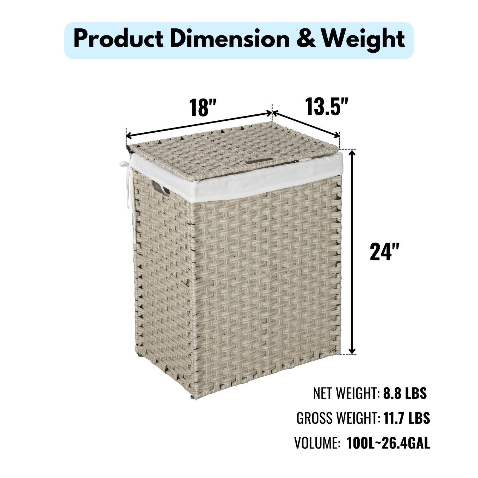 Laundry Hamper With Lid PE Rattan Powder Coating Frame Clothes Hampers With 02 Removable Bags,