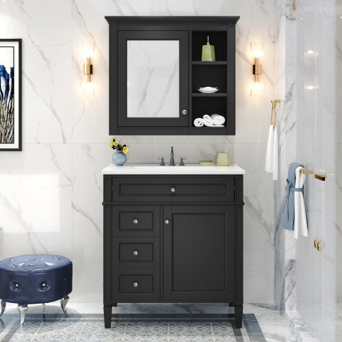 30'' Bathroom Vanity With Top Sink, Modern Bathroom Storage Cabinet With 2 Drawers And A Tip-out Drawer, Freestanding Vanity Set With Mirror Cabinet, Single Sink Bathroom Vanity