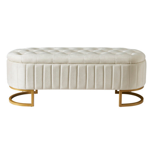 SOWO Luxe Storage Ottoman – Beige Velvet Button-Tufted Bench with Gold Metal Legs