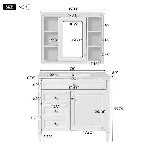 36'' Bathroom Vanity With Medicine Cabinet, Modern Bathroom Storage Cabinet With 2 Soft Closing Doors And 4 Drawers, Single Sink Bathroom Vanity