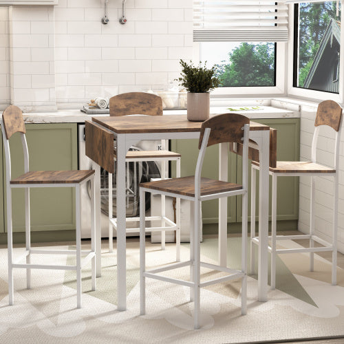 Farmhouse 5-piece Counter Height Drop Leaf Dining Table Set With Dining Chairs For 4,White Frame Rustic Brown Tabletop