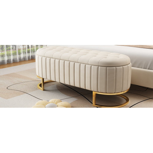 SOWO Luxe Storage Ottoman – Beige Velvet Button-Tufted Bench with Gold Metal Legs