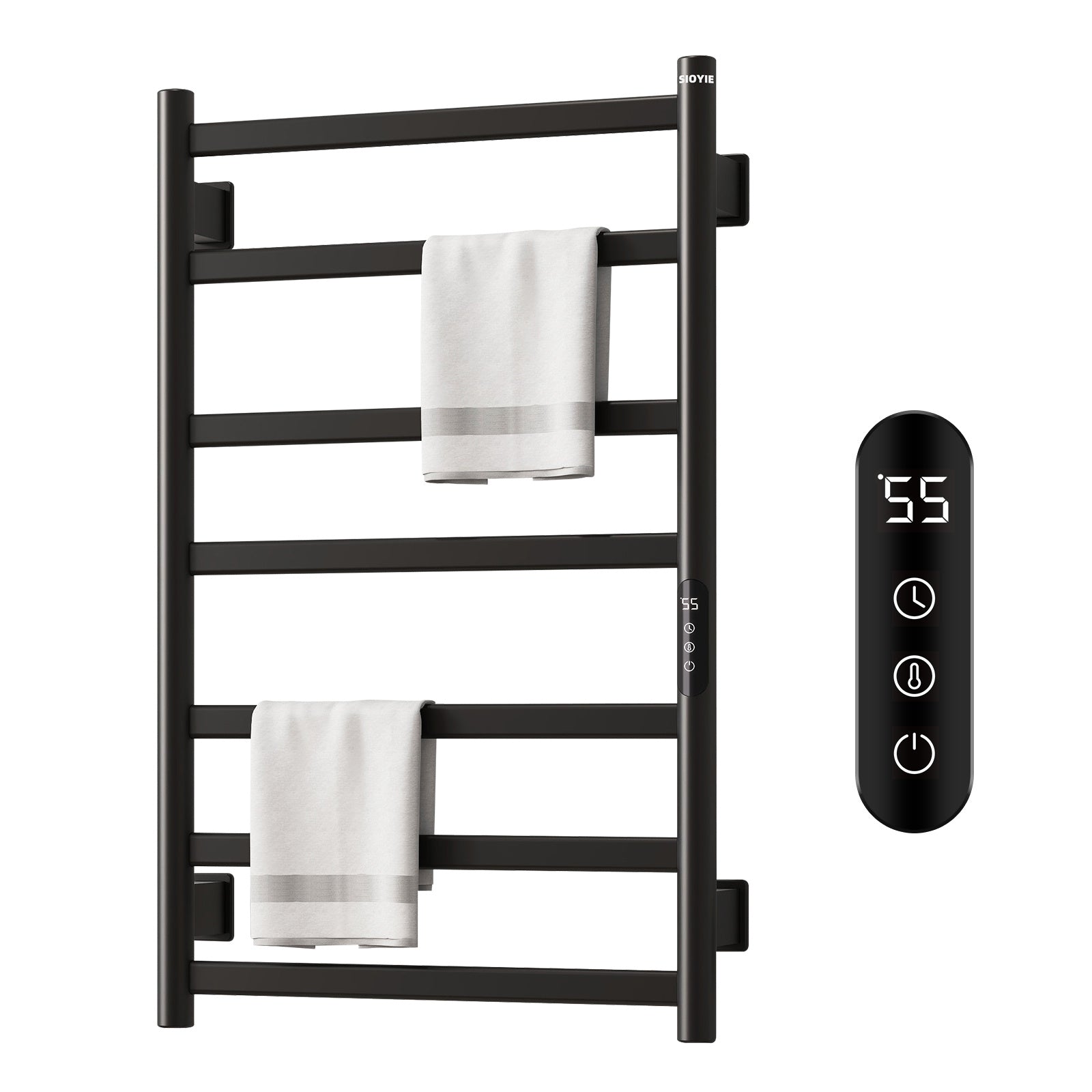 SIOYIE Towel Warmer Bathroom Wall Mounted 6 Bars Electric Towel Drying, 150 W 500 800 MM Heated Towel Rack With Intelligent Touch Screen Timer And Temperature Control Black Right